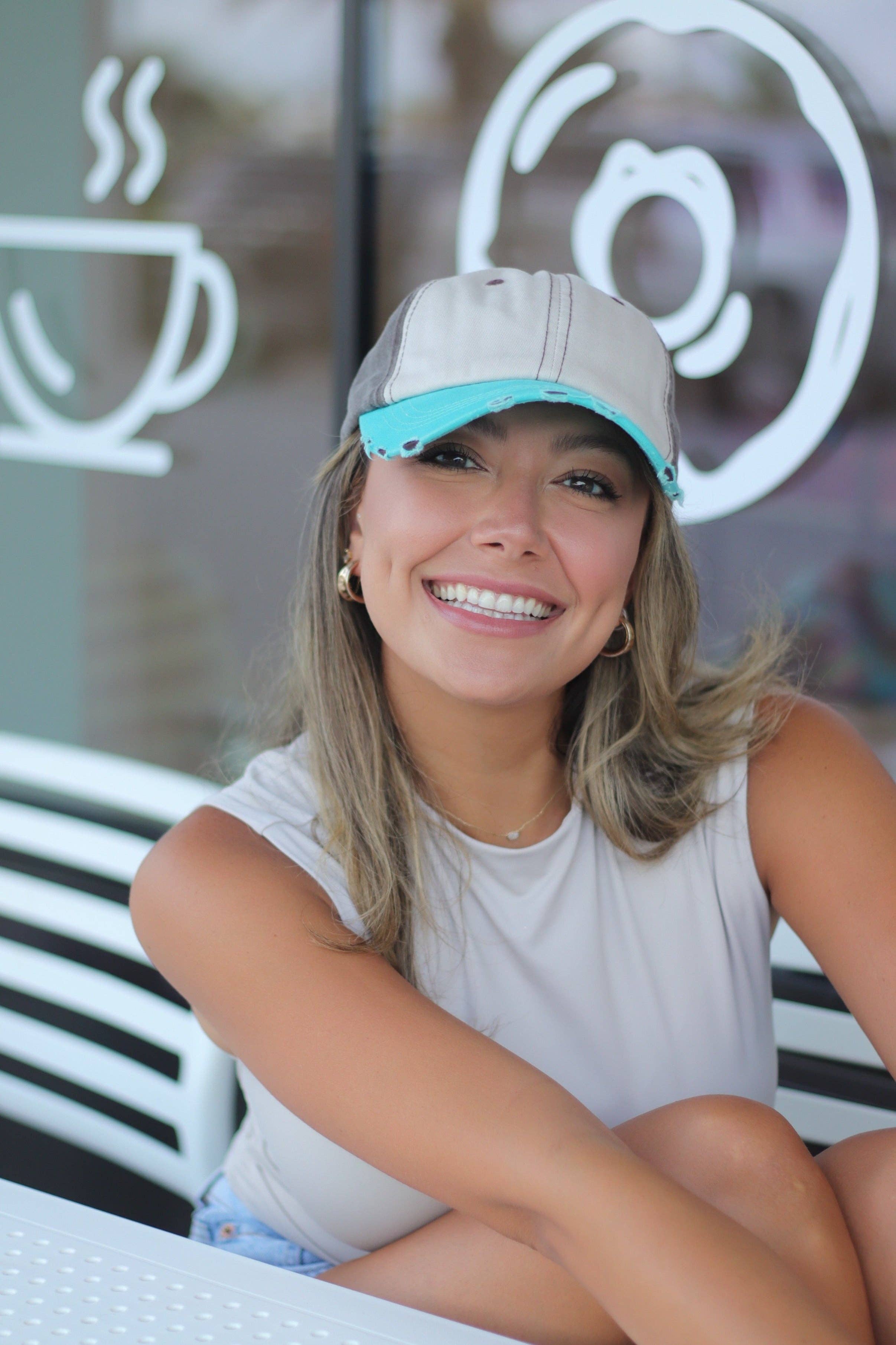 Beige, Brown and Turquoise Distressed Southern Baseball Cap