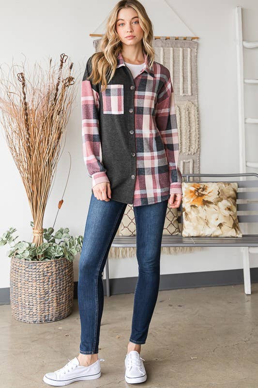 Charcoal Plaid Button-Up Shacket | Soft Brushed Flannel Everyday Layer