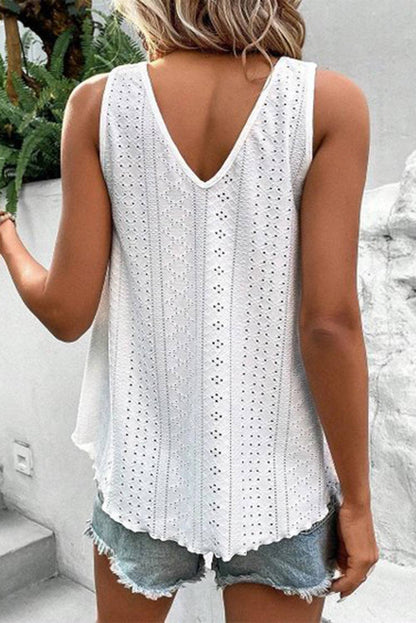 Eyelet Lace Trim V-Neck Tank Top - White