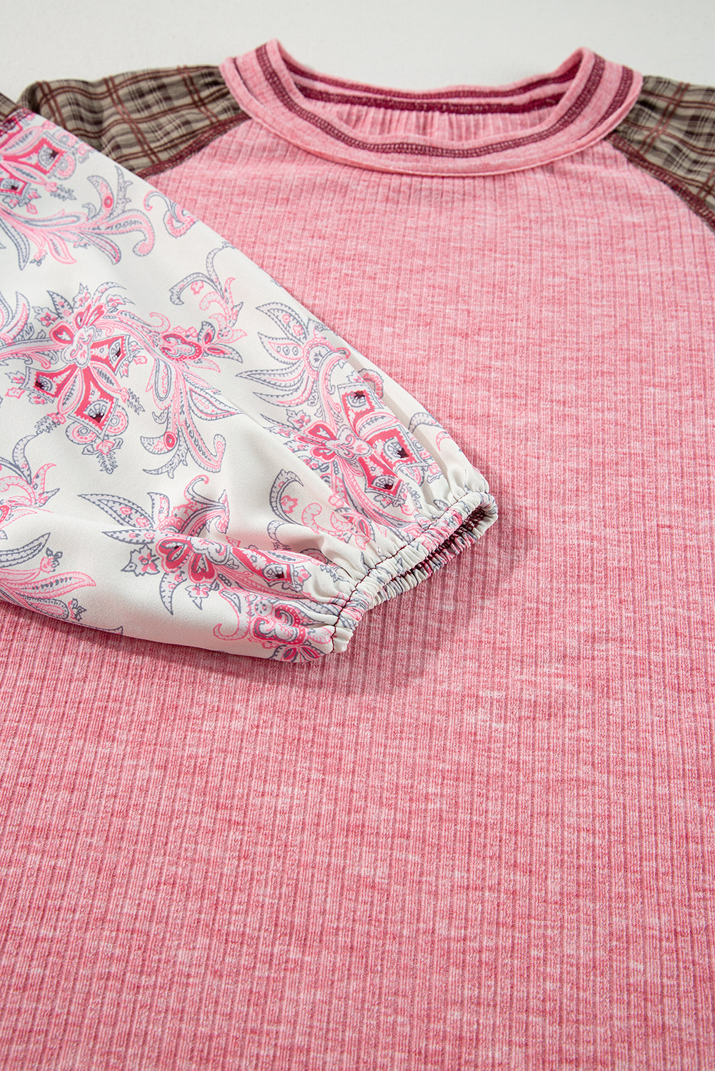 Fushia Mixed Print Raglan Sleeve Ribbed Knit Patchwork Blouse