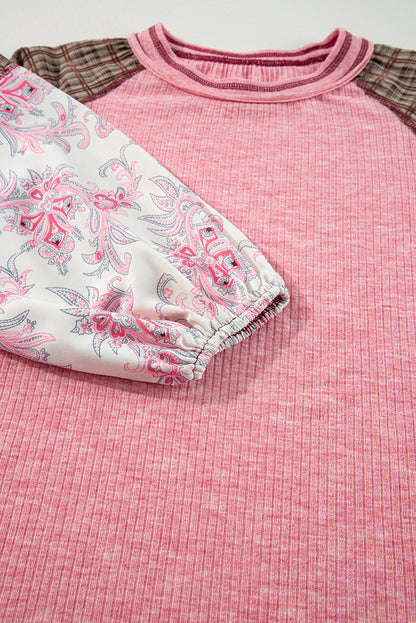 Fushia Mixed Print Raglan Sleeve Ribbed Knit Patchwork Blouse