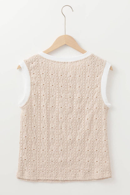 Textured Floral Knit Tank Top - Oatmeal Crewneck Sleeveless