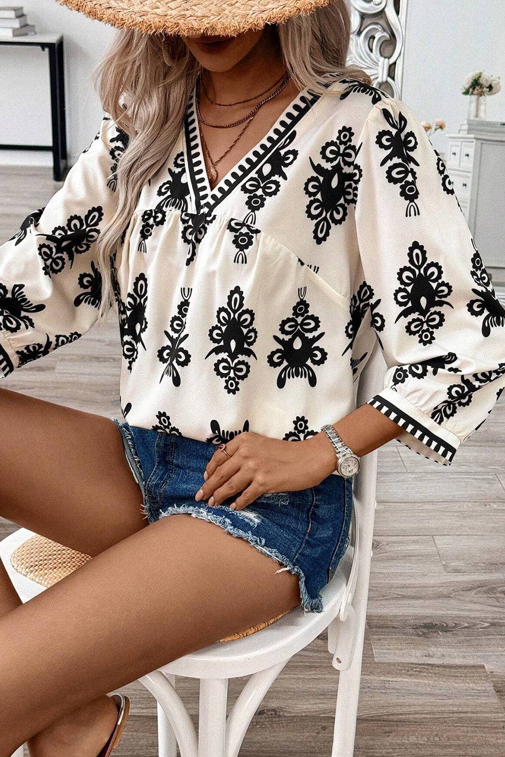 Geometric Print V-Neck Blouse - 3/4 Sleeve in Beige/Black or Beige/Orange