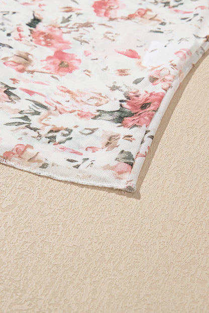 Pink Floral Long Sleeve High Neck Sheath Mesh Top