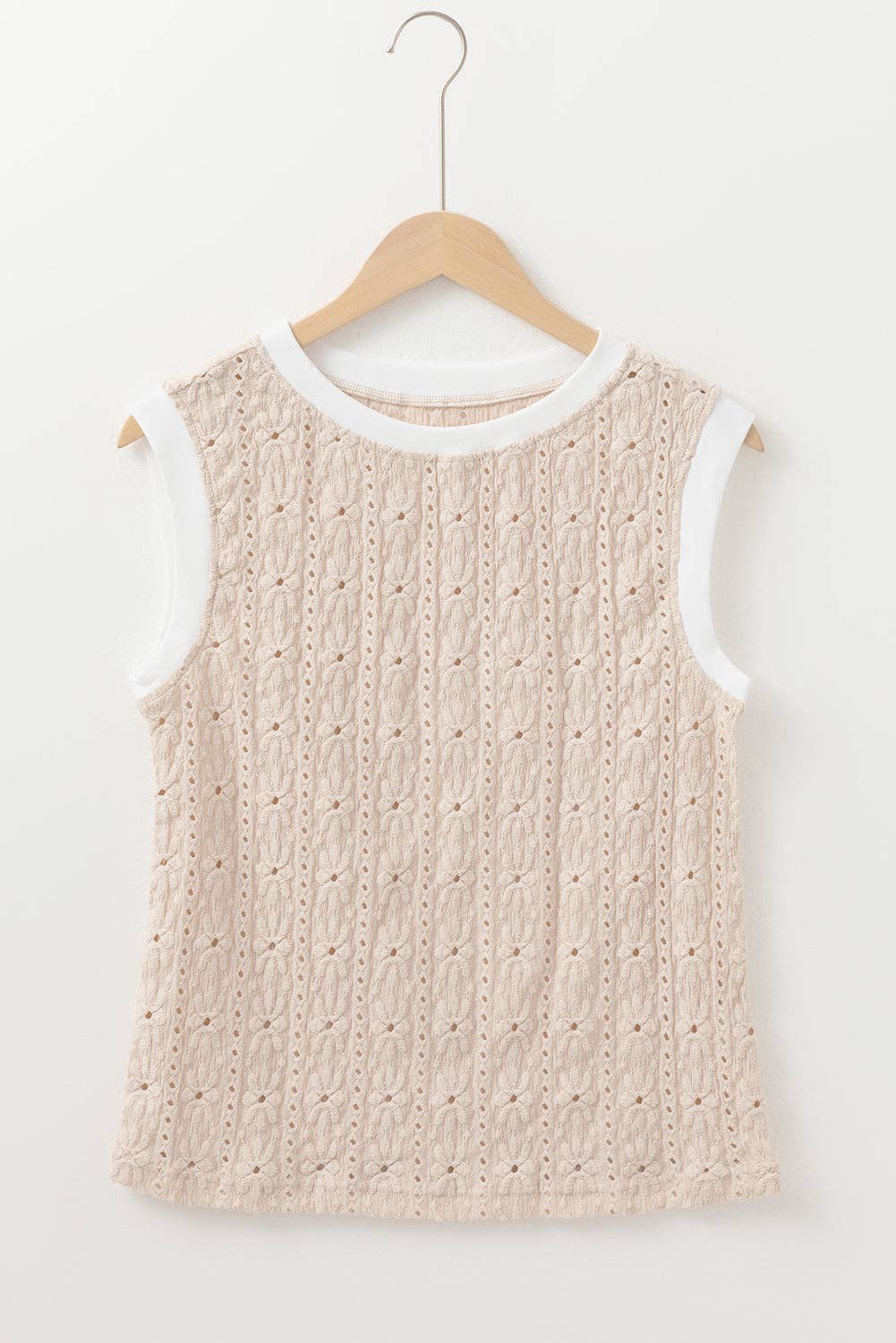 Textured Floral Knit Tank Top - Oatmeal Crewneck Sleeveless