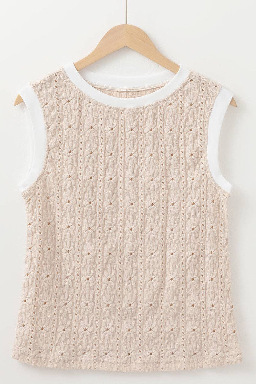 Textured Floral Knit Tank Top - Oatmeal Crewneck Sleeveless