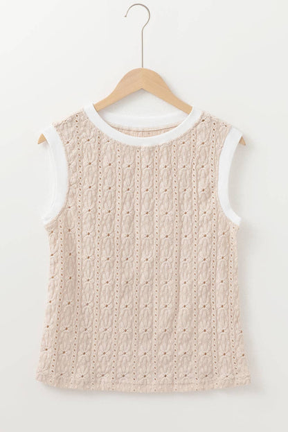 Textured Floral Knit Tank Top - Oatmeal Crewneck Sleeveless