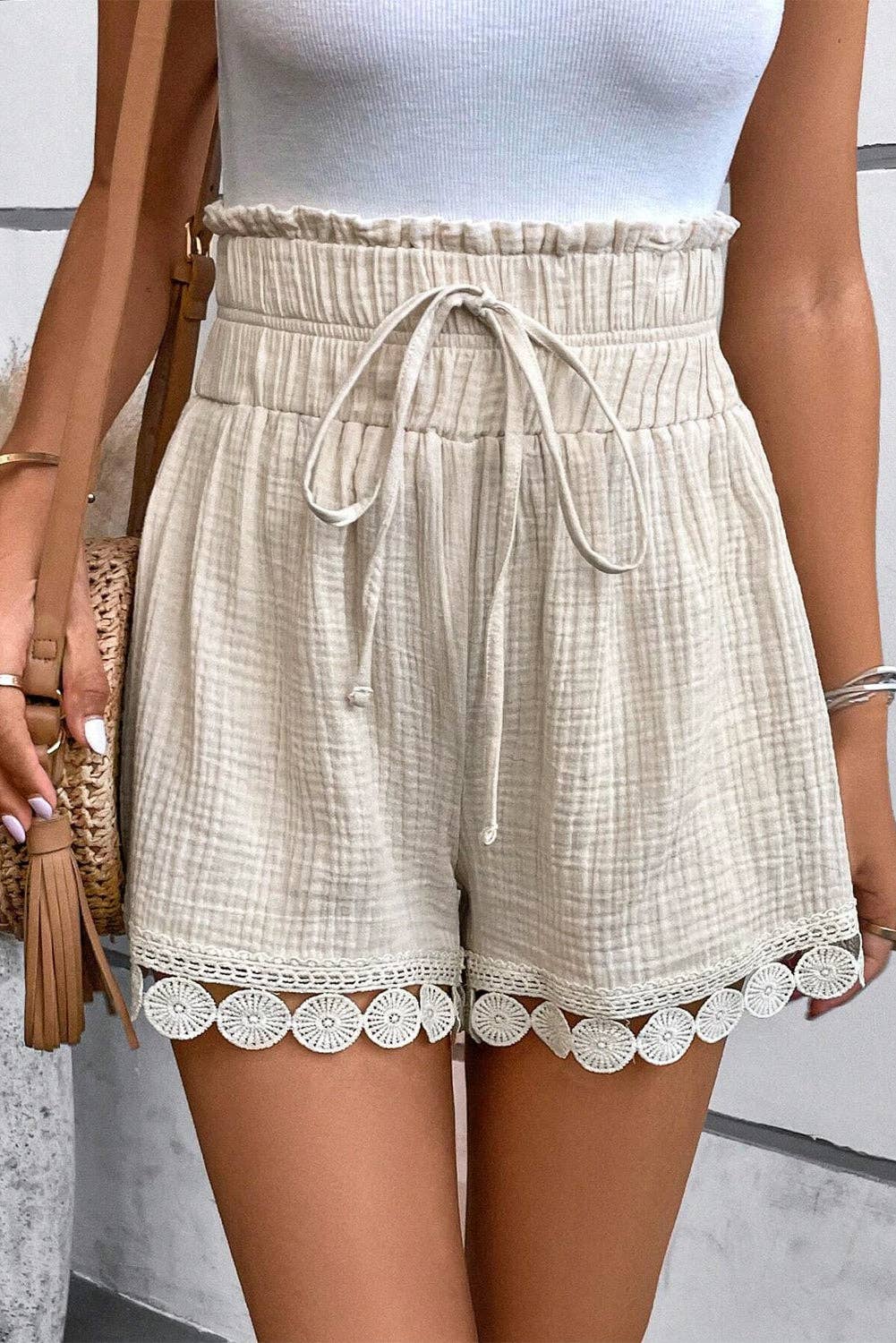 Crinkle Gauze Lace Hem Summer Shorts