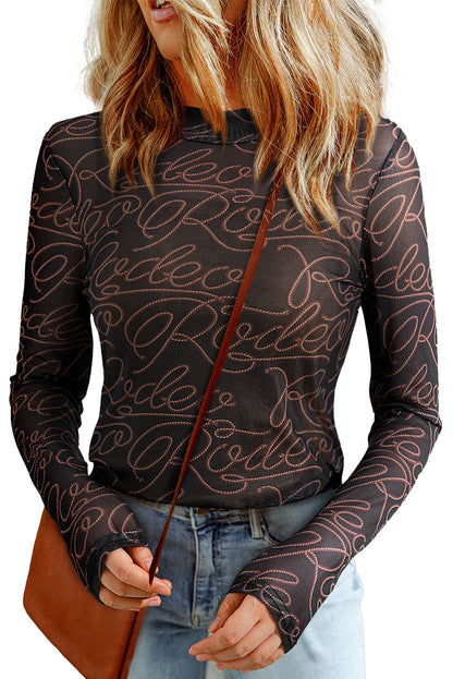 Black Western Rodeo Printed Mock Neck Long Sleeve Mesh Top