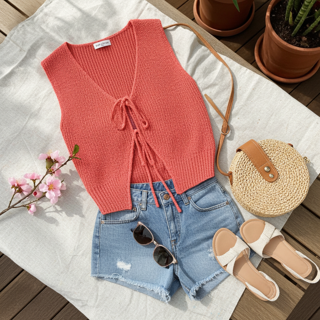 Tomato Red Lace-Up Front V-Neck Sweater Vest – Sleeveless Knit Layering Top