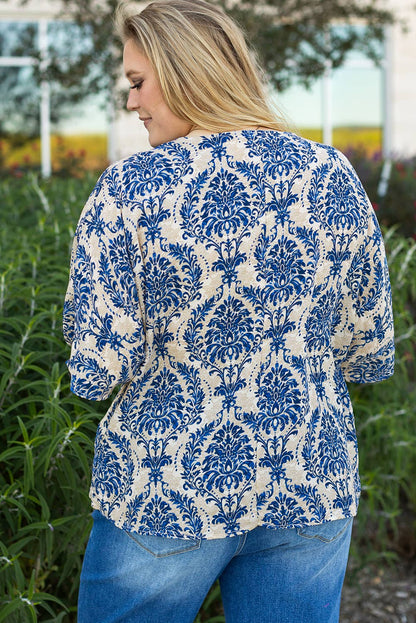 Plus Size Blue Boho Ethnic 3/4 Sleeve Blouse - Flowy Fit, Statement Style