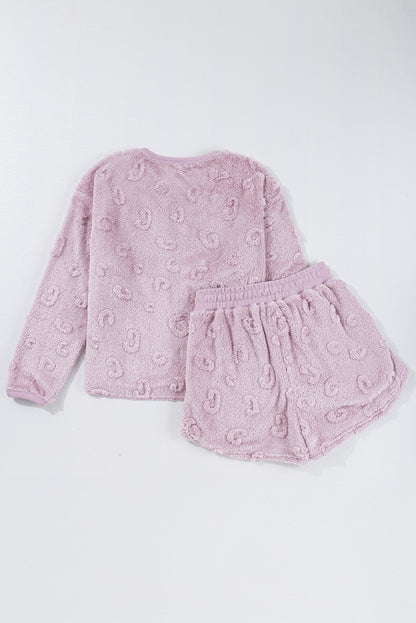 Light Pink Textured Leopard Fleece Loose Two Piece Lounge Set