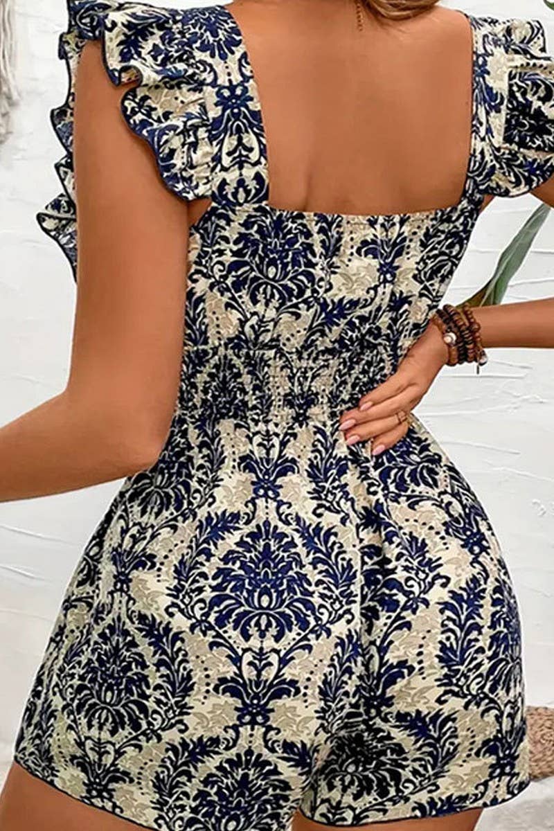 Navy Boho Square Neck Pocket Jumpsuit