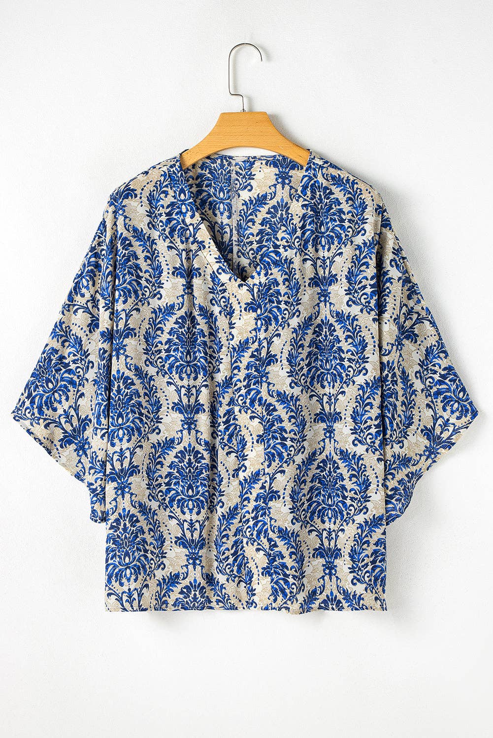Plus Size Blue Boho Ethnic 3/4 Sleeve Blouse - Flowy Fit, Statement Style