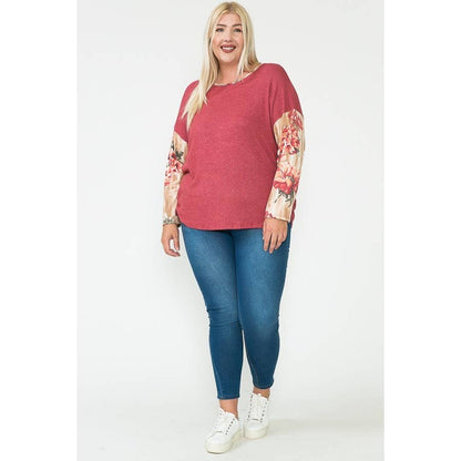 Plus-Size Floral & Solid Color-Blocked Contrast Cinch Long Sleeve Top