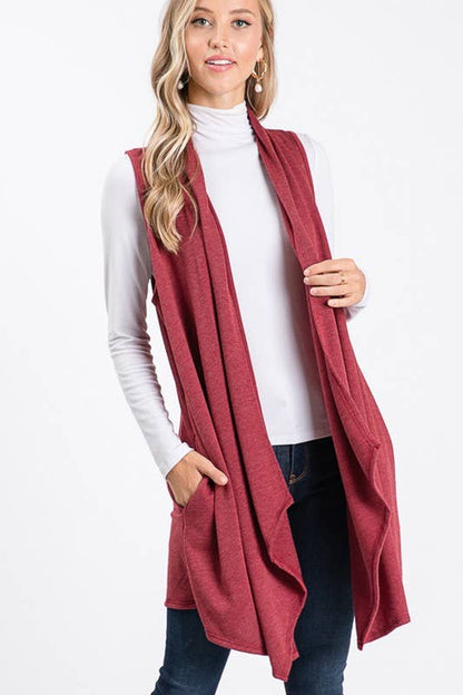 Solid Draped Vest with Side Pockets – Sleeveless Layering Piece