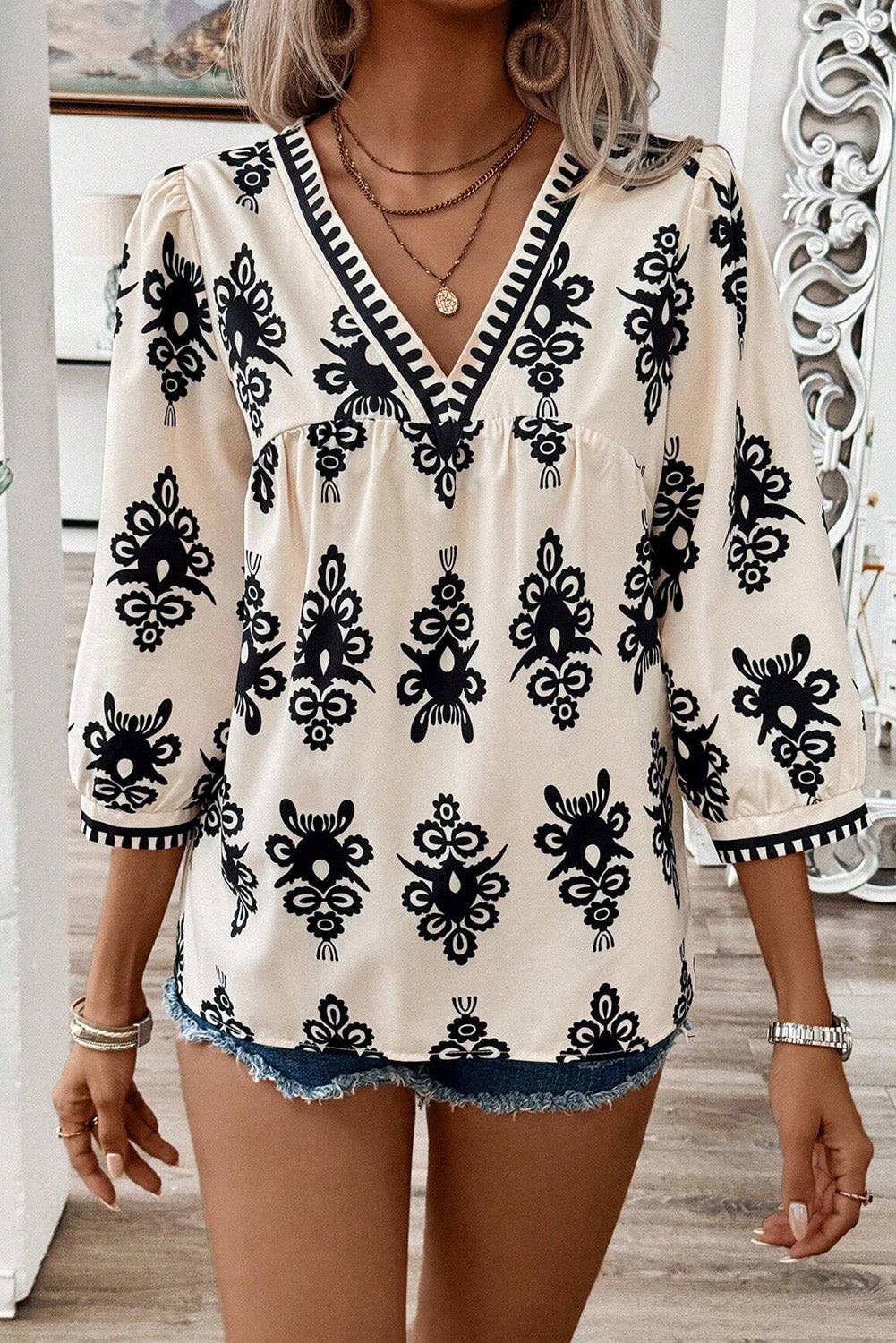 Geometric Print V-Neck Blouse - 3/4 Sleeve in Beige/Black or Beige/Orange