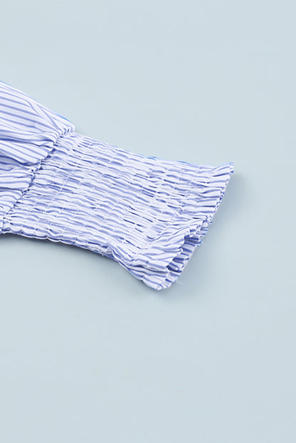 Pink Smocked Cuffed Striped Boyfriend Shirt with Pocket