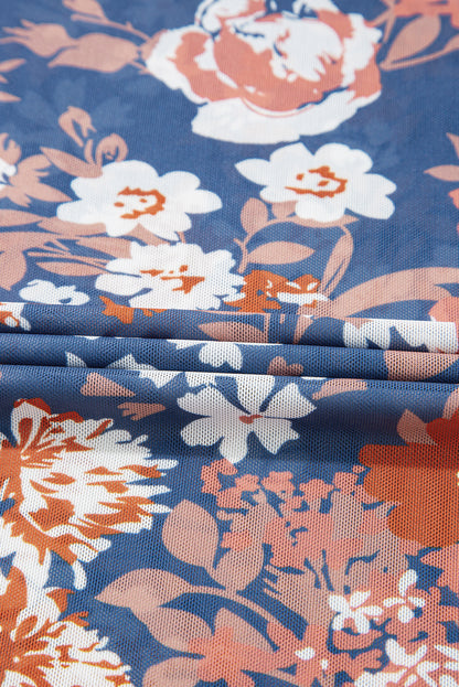 Green Floral Print Mesh Fitted Long Sleeve Top