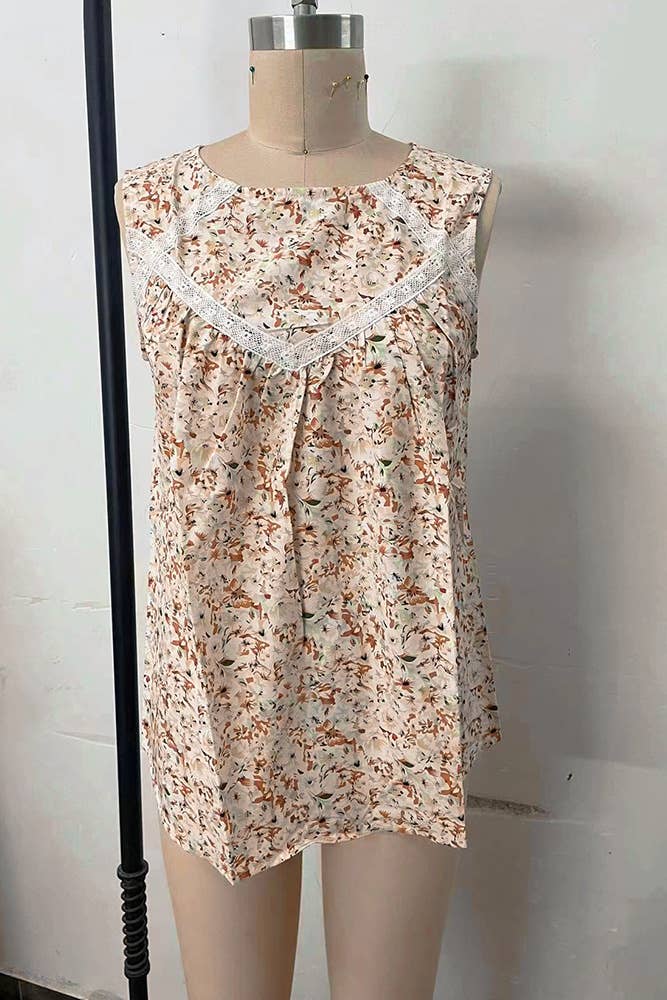 Floral Crochet Trim Tank - Soft Boho Lace Detail in Neutral Print