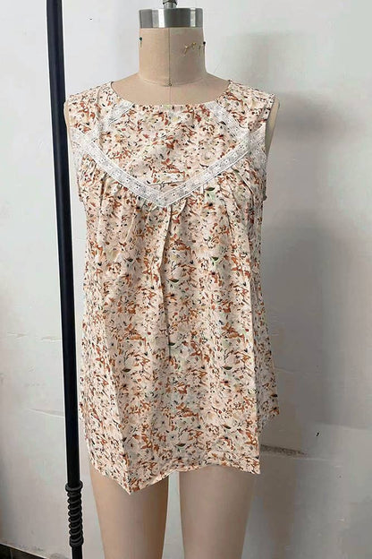 Floral Crochet Trim Tank - Soft Boho Lace Detail in Neutral Print