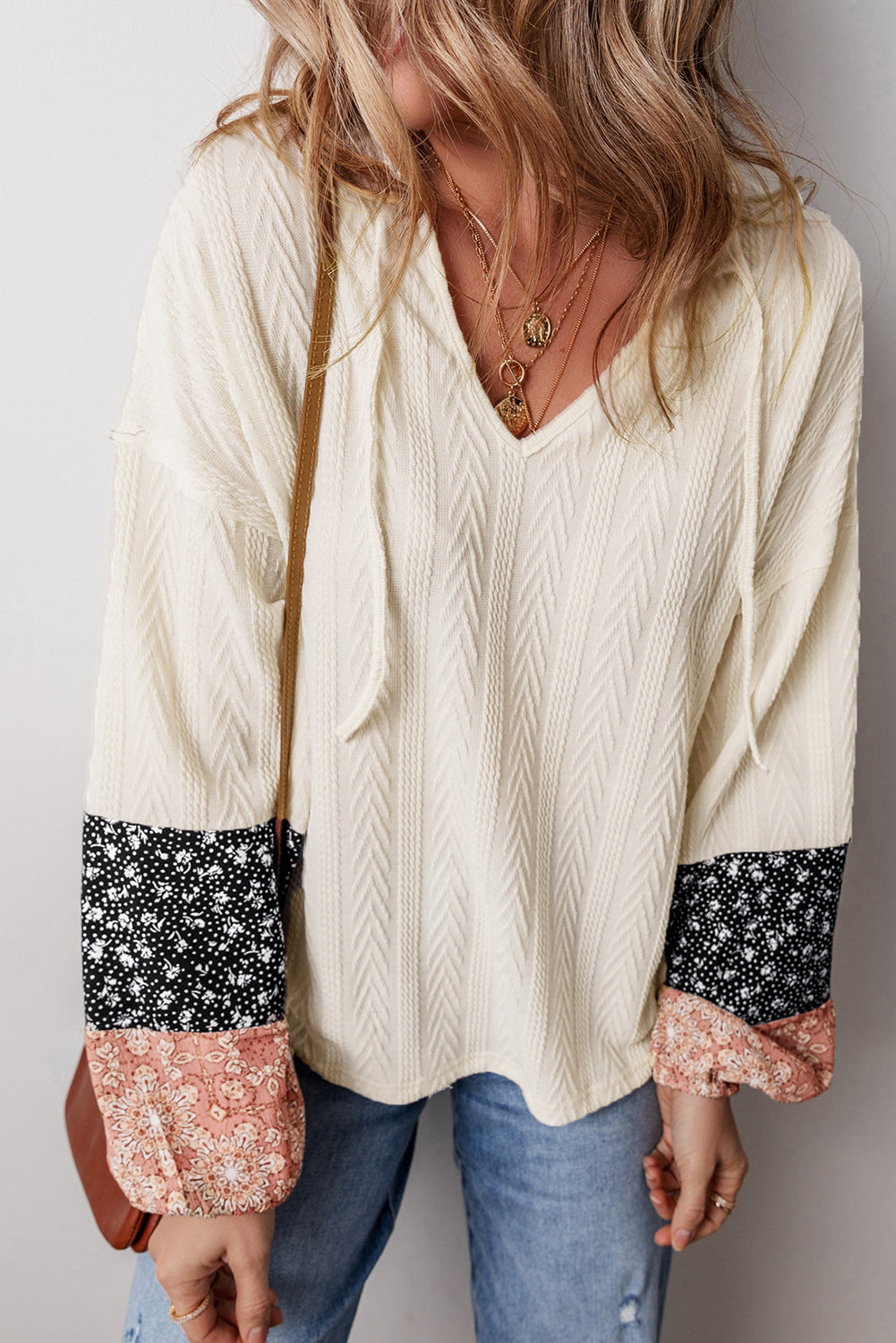 Beige Floral Patchwork Textured Knit Drawstring V Neck Blouse