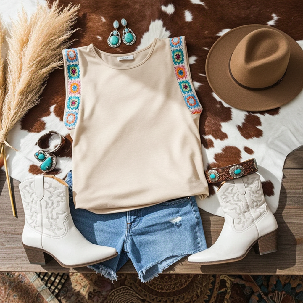 Apricot Ribbon Patchwork Tee - Boho Spirit