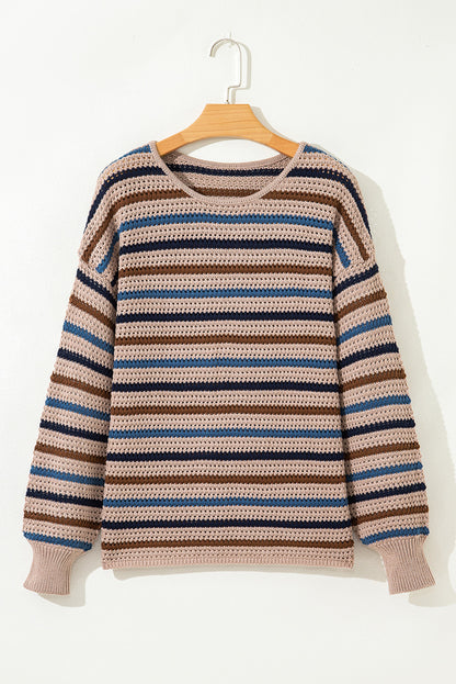 Multicolour Striped Knitted Drop Shoulder Round Neck Sweater