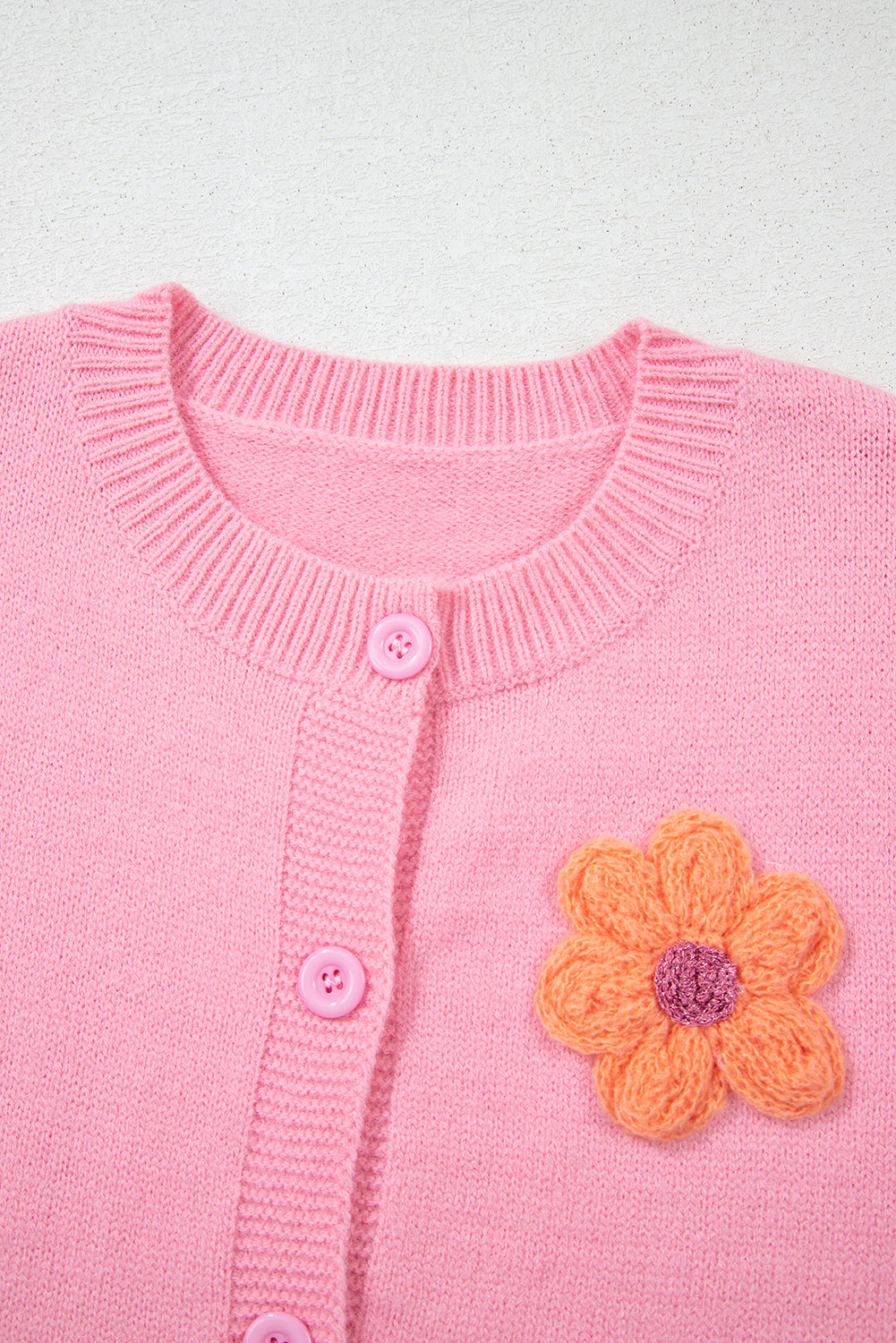 Pink Cute Knitted Floral Pattern Button Up Cardigan
