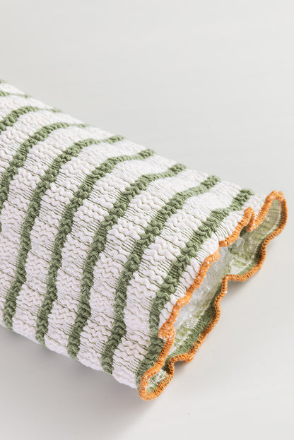 Sky Blue Stripe Textured Frilly Trim Buttons Henley Long Sleeve Top