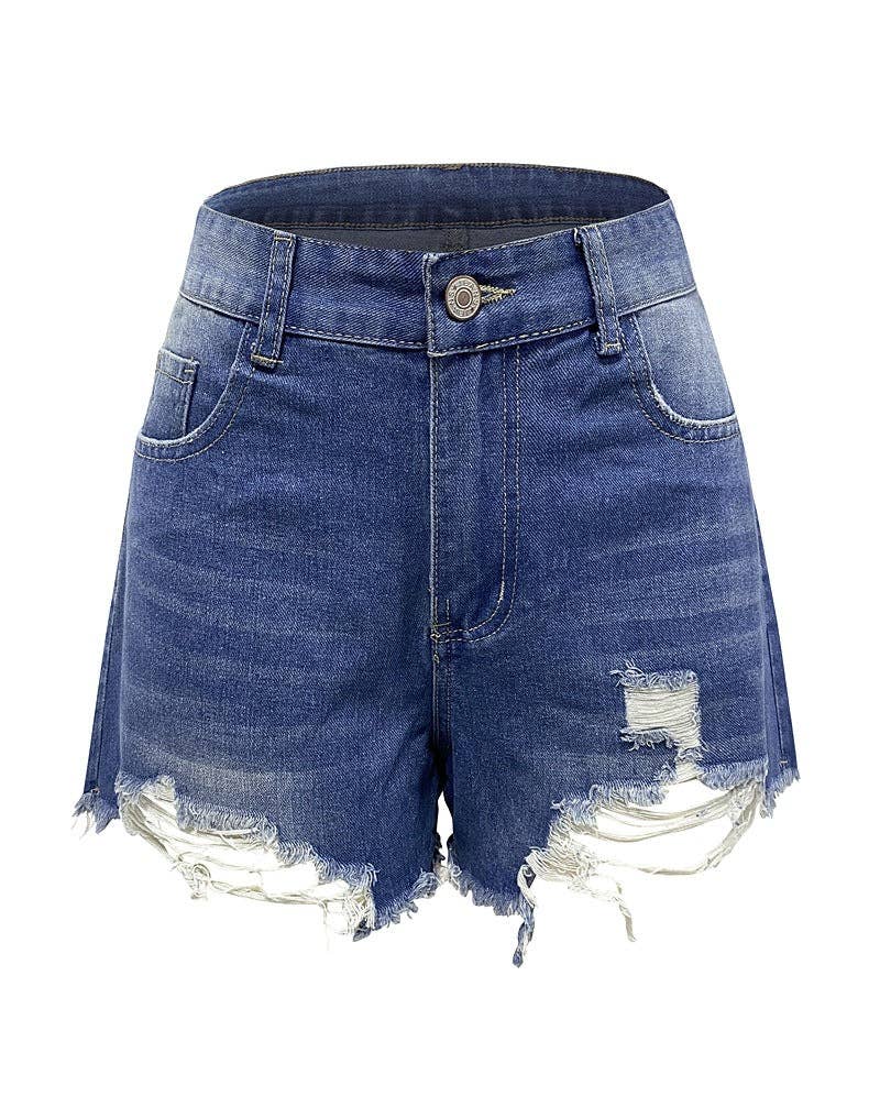 High Waist Distressed Washed Denim Shorts - Vintage Blue Cutoffs