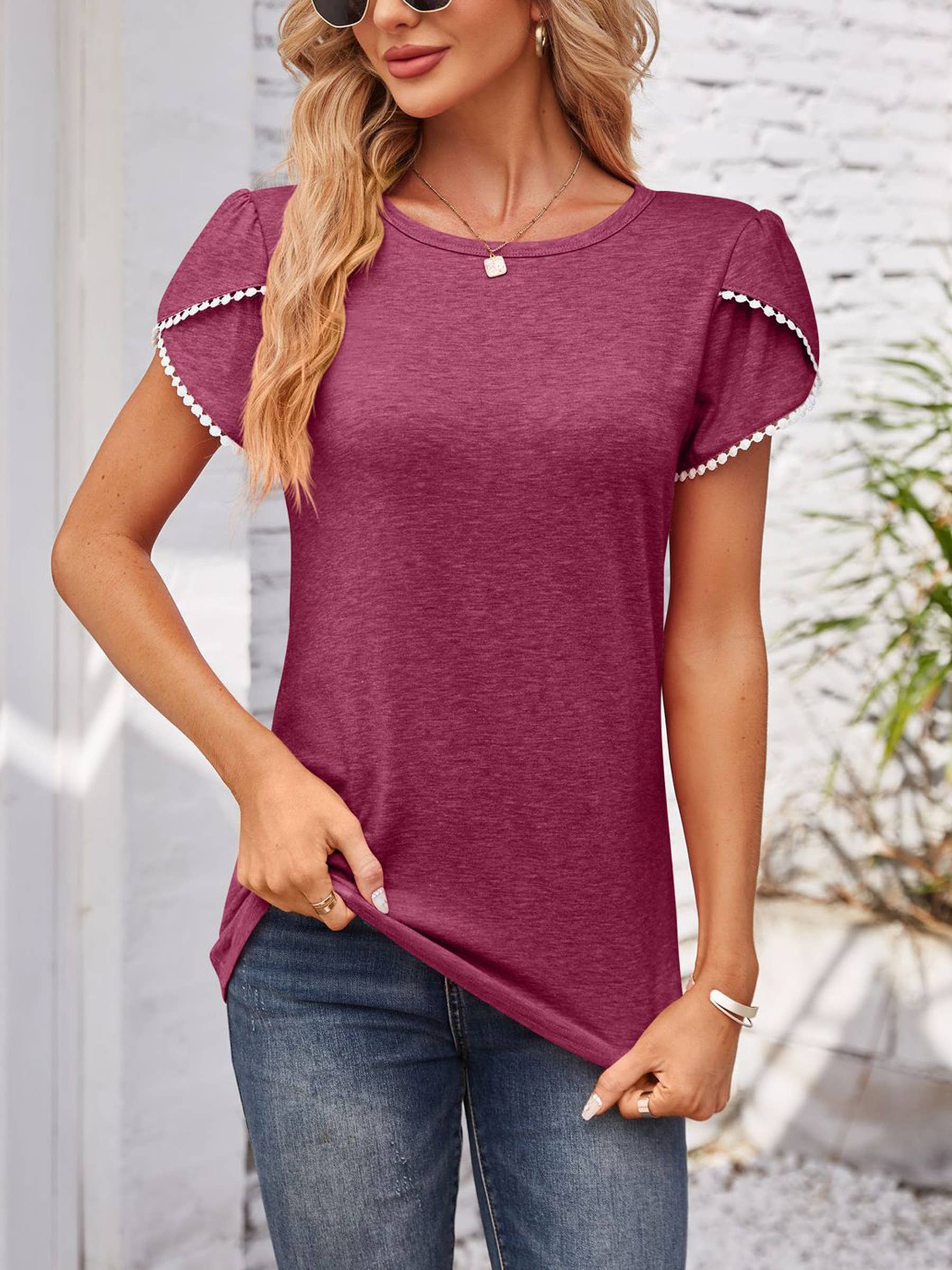 Petal Sleeve Southern Charm Tee - Soft Plum Casual Blouse (S-2XL)