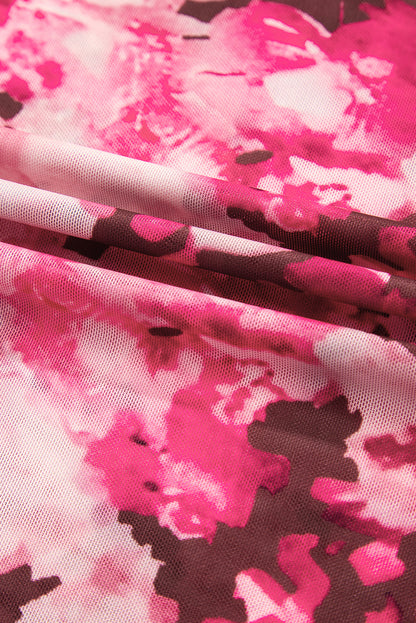 Rose Floral Mesh Flounce Sleeve Mock Neck Blouse