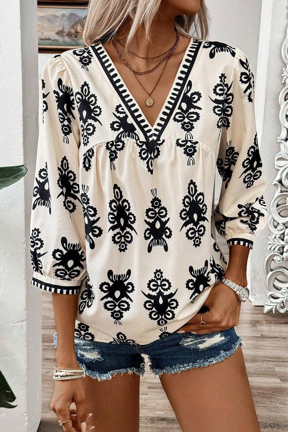 Geometric Print V-Neck Blouse - 3/4 Sleeve in Beige/Black or Beige/Orange