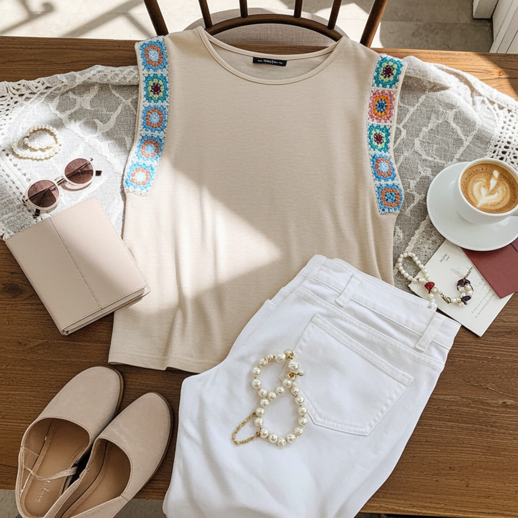 Apricot Ribbon Patchwork Tee - Boho Spirit