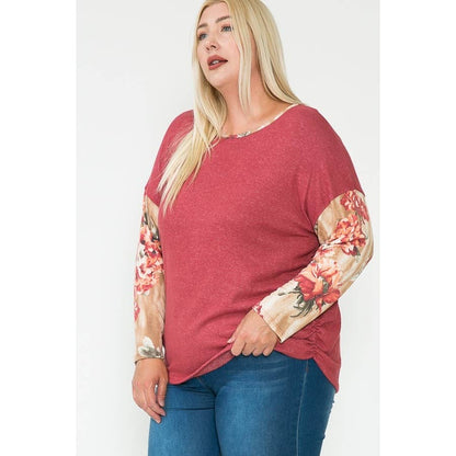 Plus-Size Floral & Solid Color-Blocked Contrast Cinch Long Sleeve Top