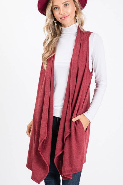 Solid Draped Vest with Side Pockets – Sleeveless Layering Piece