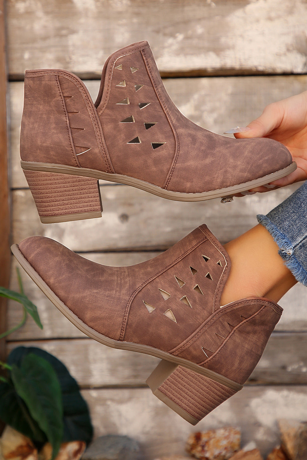 Red Sandalwood Suede Cut-Out Pointed Toe Heeled Ankle Boots | Women’s Western Booties