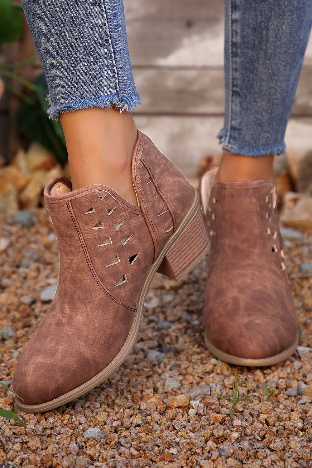 Red Sandalwood Suede Cut-Out Pointed Toe Heeled Ankle Boots | Women’s Western Booties