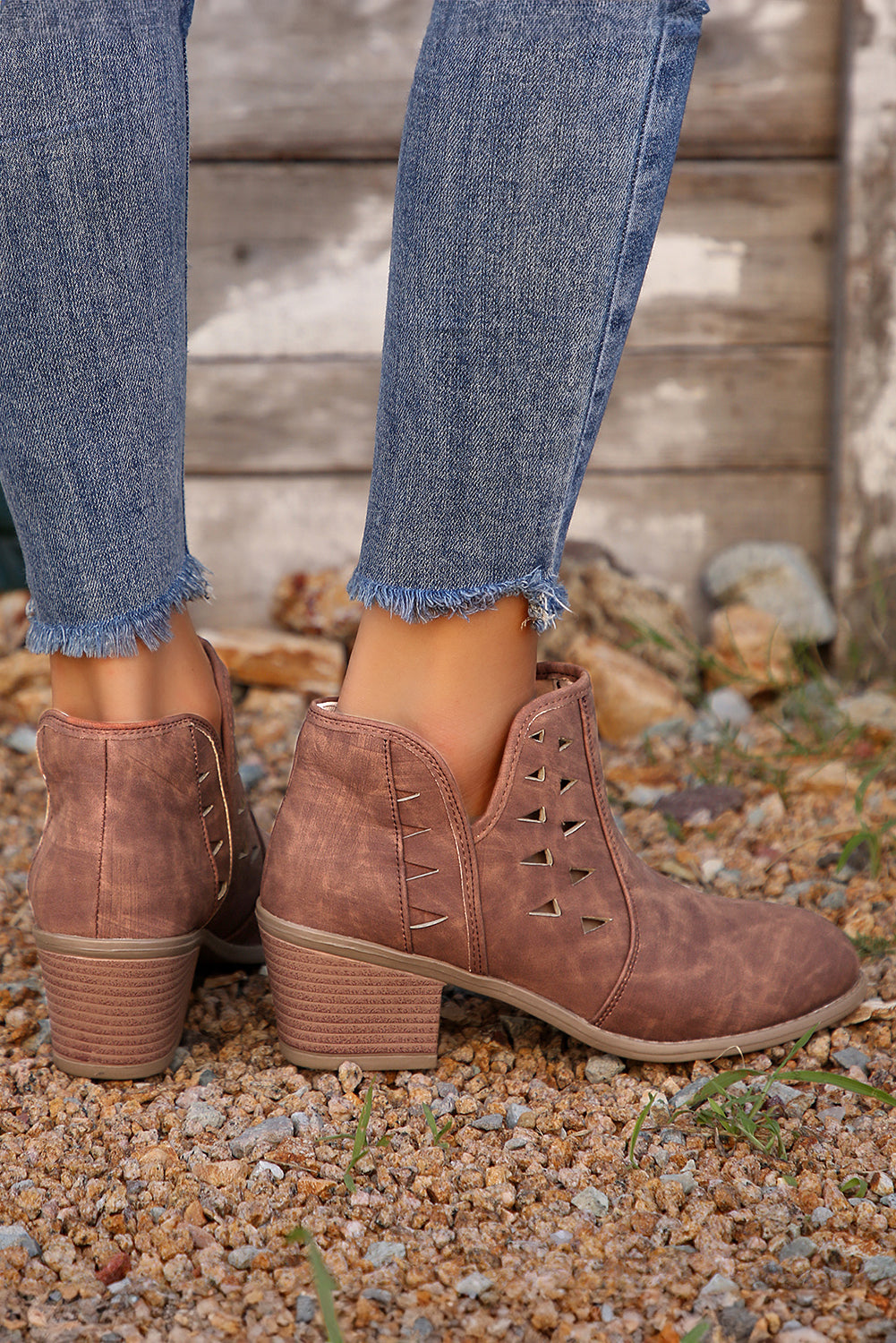 Red Sandalwood Suede Cut-Out Pointed Toe Heeled Ankle Boots | Women’s Western Booties