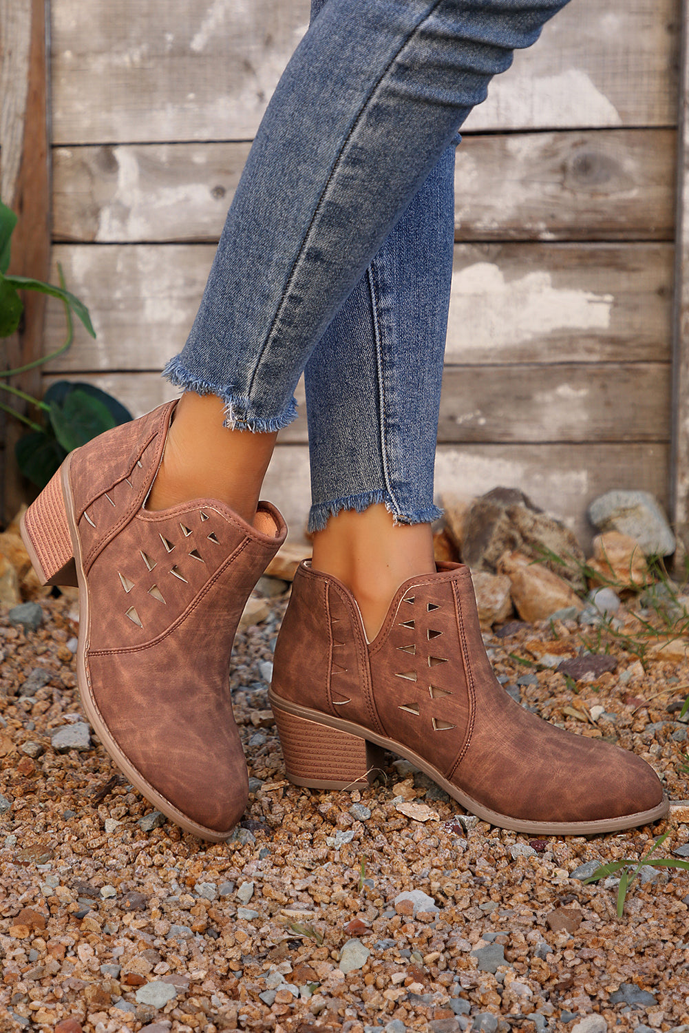 Red Sandalwood Suede Cut-Out Pointed Toe Heeled Ankle Boots | Women’s Western Booties