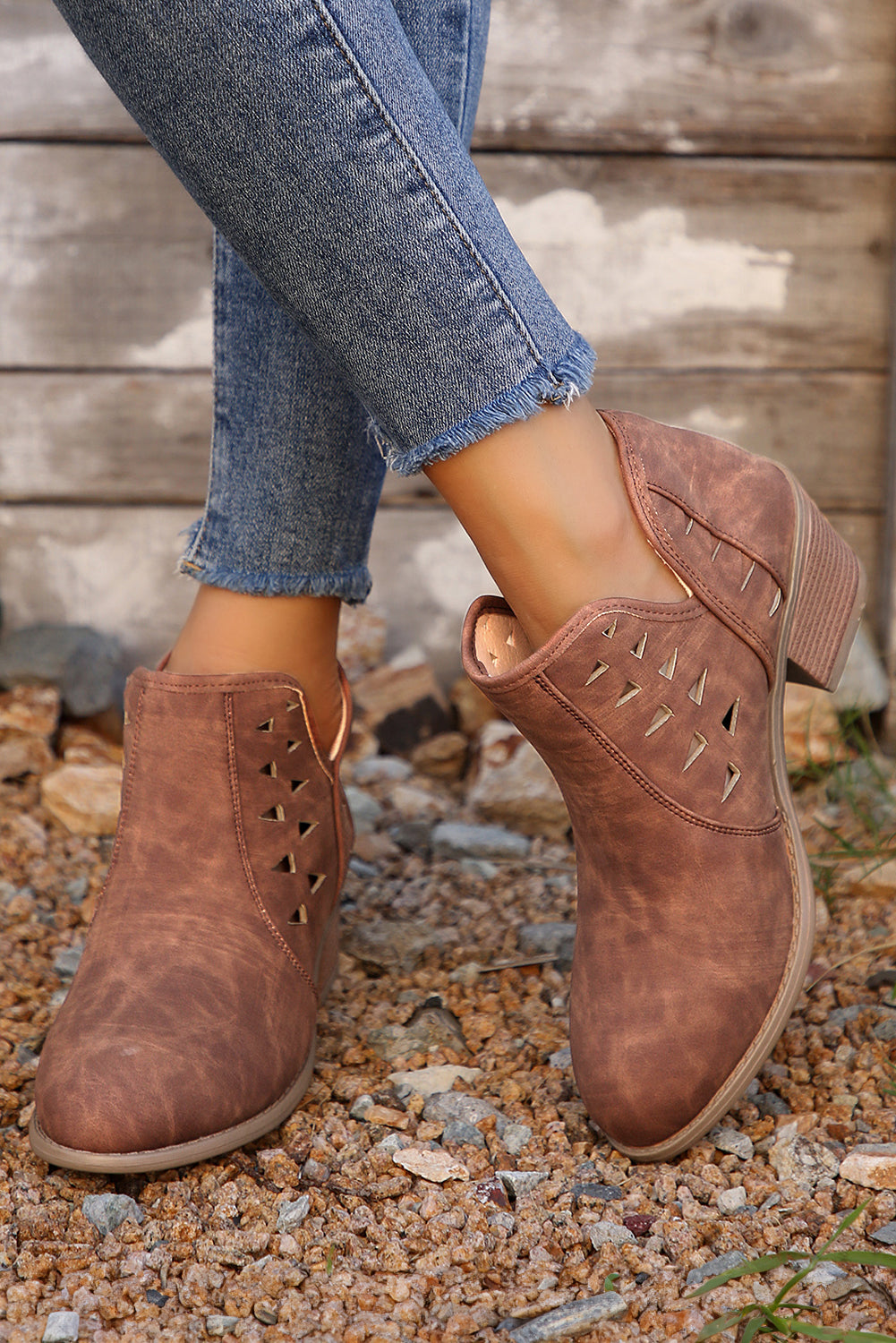 Red Sandalwood Suede Cut-Out Pointed Toe Heeled Ankle Boots | Women’s Western Booties