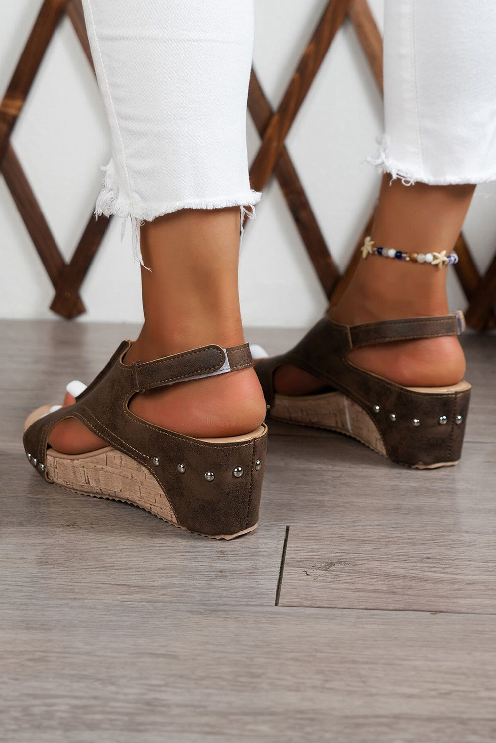 🪶 Chestnut Suede Patched Studded Cut Out Wedge Sandals