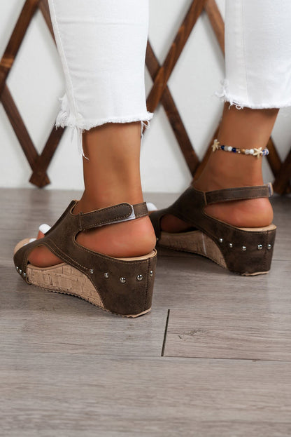 🪶 Chestnut Suede Patched Studded Cut Out Wedge Sandals