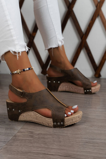 🪶 Chestnut Suede Patched Studded Cut Out Wedge Sandals