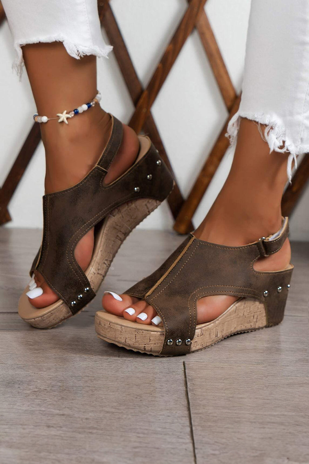 🪶 Chestnut Suede Patched Studded Cut Out Wedge Sandals