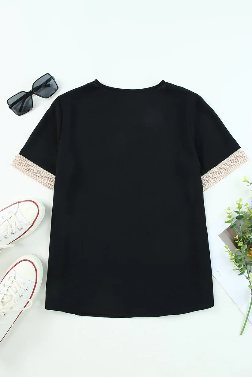 Black Lace Trim V-Neck Blouse | Short Sleeve Dressy Top (S–XL)