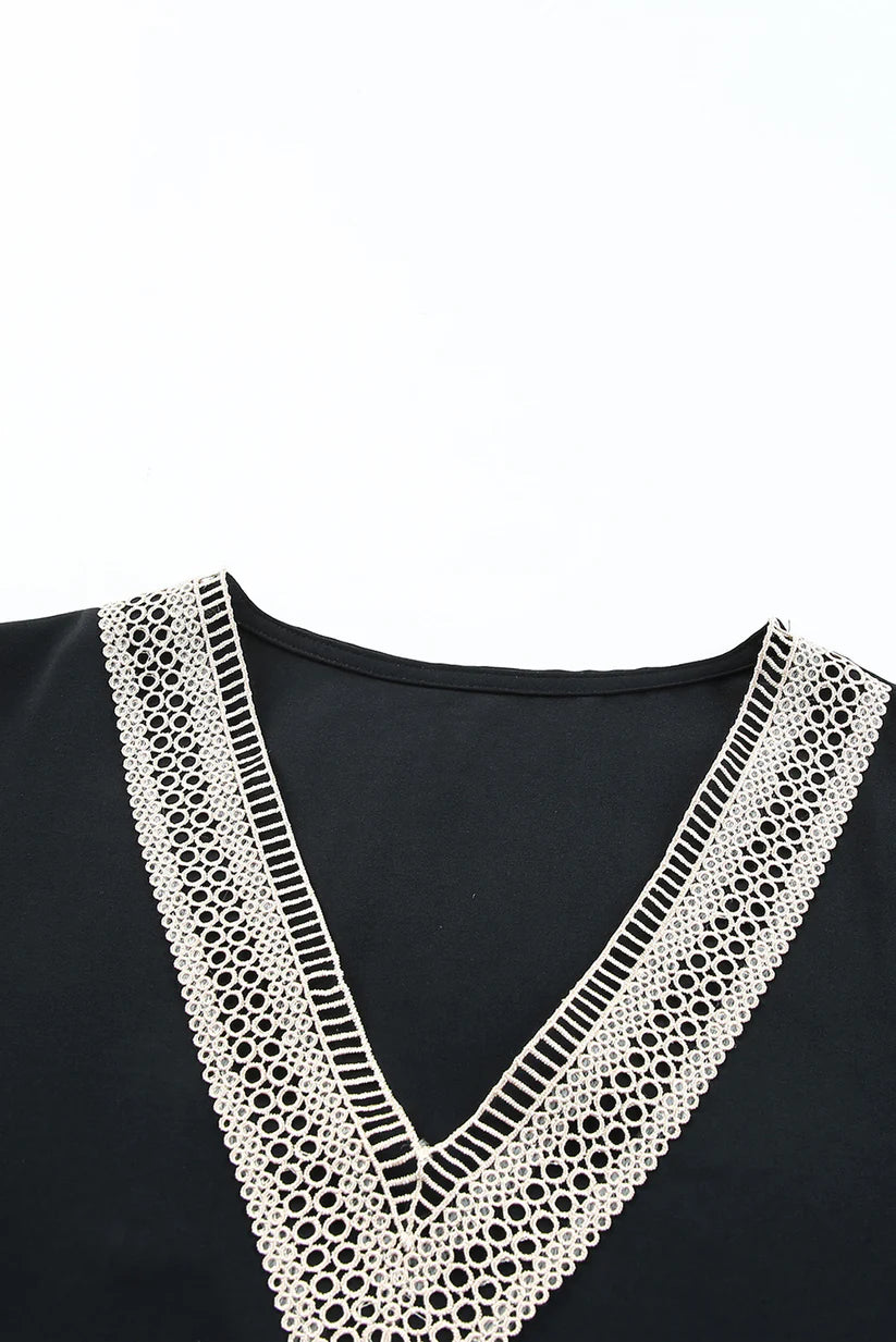 Black Lace Trim V-Neck Blouse | Short Sleeve Dressy Top (S–XL)