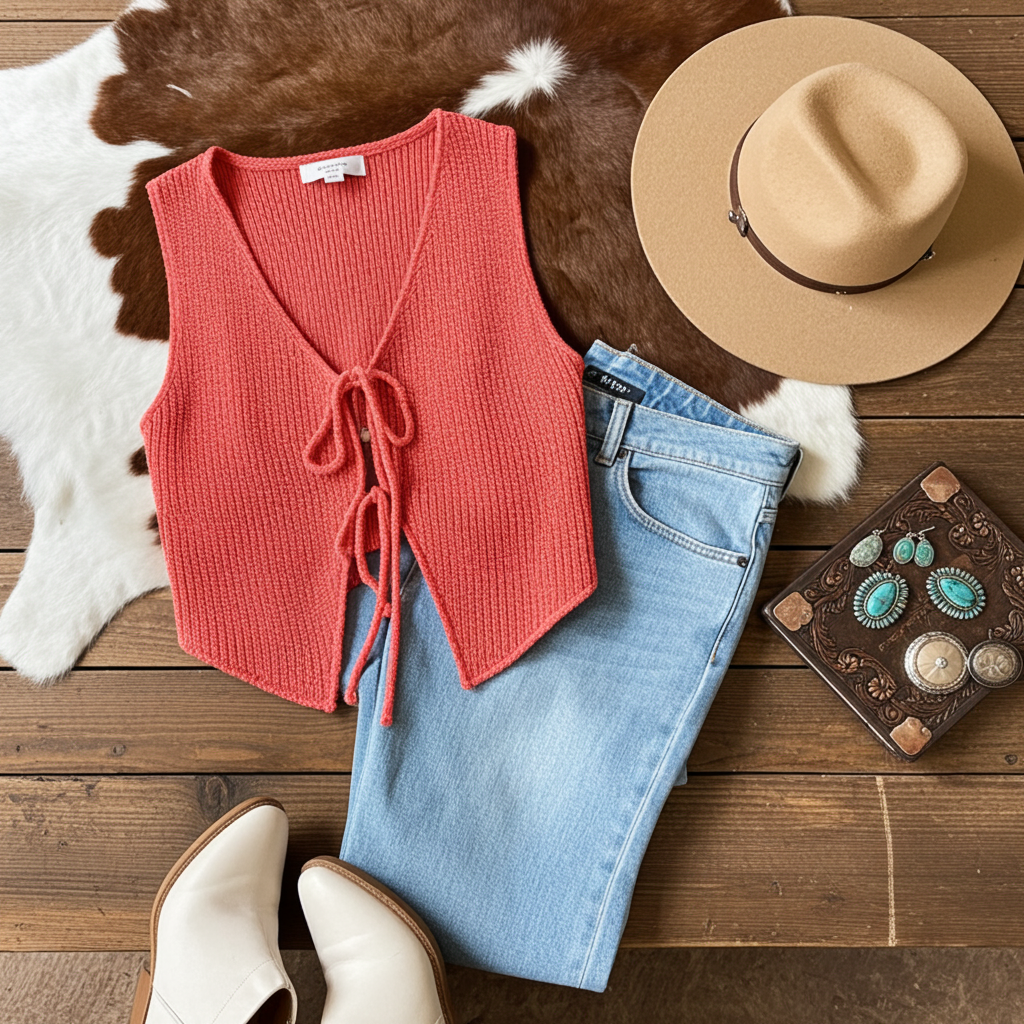 Tomato Red Lace-Up Front V-Neck Sweater Vest – Sleeveless Knit Layering Top