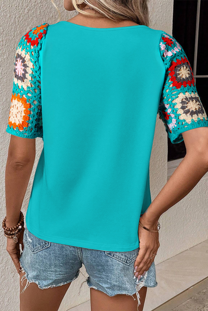 Turquoise Floral Crochet Lace Short Sleeve Top